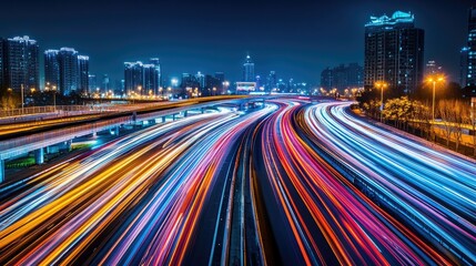 Obraz premium Nighttime shot of a well-lit urban freeway with streaks of light from moving vehicles, emphasizing fast transportation.