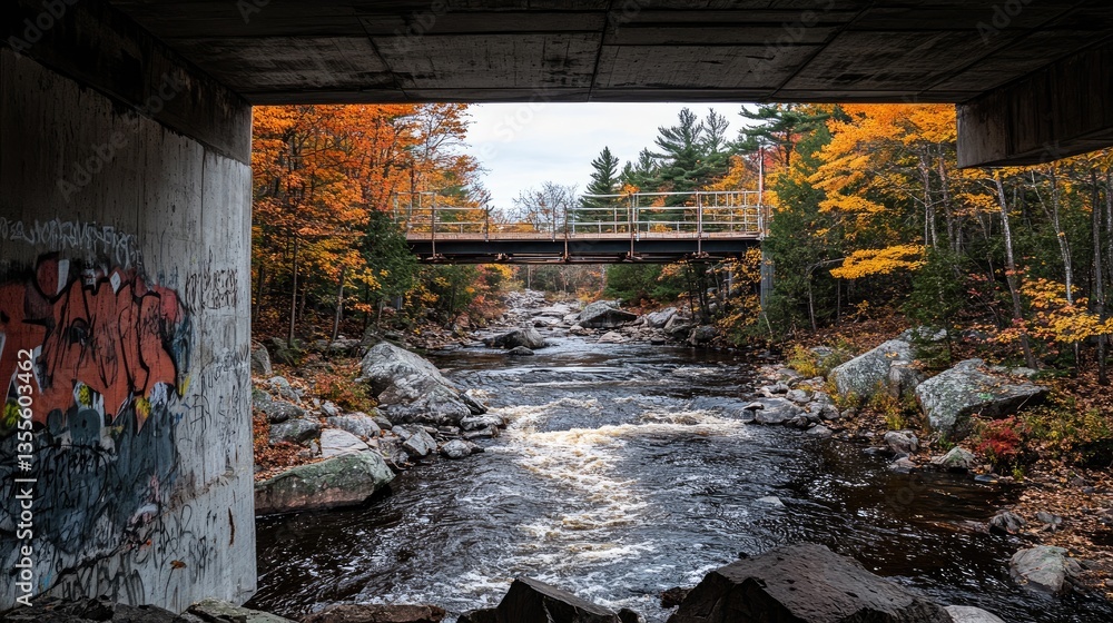 Poster partially built bridge supported by extensive scaffolding above a river.