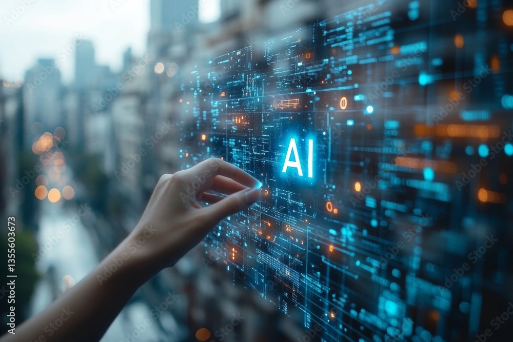 Poster a hand reaches towards a glowing artificial intelligence interface set against a cityscape at twilig