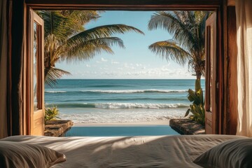 Ocean view bedroom, tropical vacation, peaceful paradise, interior view