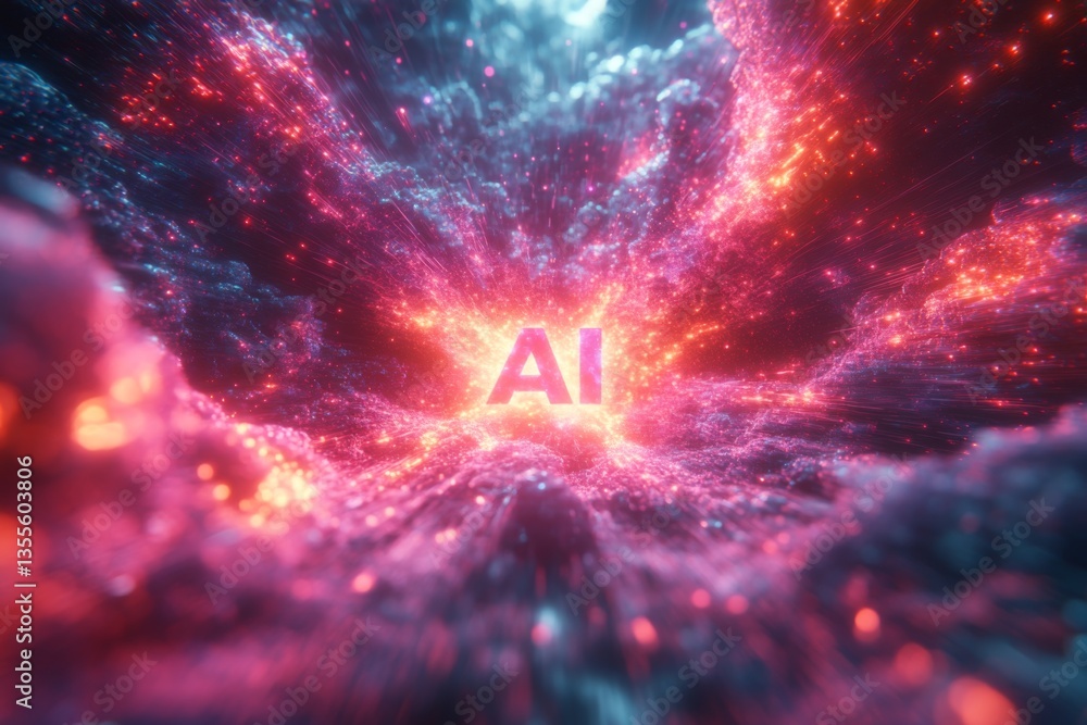 Poster vibrant cosmic visuals illustrate the concept of artificial intelligence as glowing particles swirl 