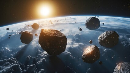 Asteroids close to Earth. Meteorites circling the planet. Science fiction artwork. Elements of this image provided by.
