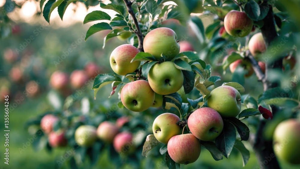 Poster apple tree with unripe apples in a lush orchard.