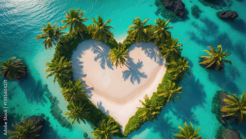 Poster An aerial view of an island in the ocean featuring palm trees arranged in a heart shape.