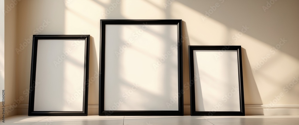 Poster artistic mockup design. black vertical picture frames positioned against a sunlit background. poster