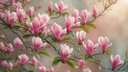 Obraz premium Blooming magnolia branches, colorful floral background in full blossom, filling the air with their sweet fragrance and evoking sensations of happiness and calmness.