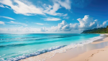 Obraz premium Beautiful tropical beach with blue sky and white clouds abstract texture background. Copy space for summer vacation and holiday travel business concept.