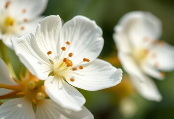 Delicate white wild strawberry blossom, close-up, pollen detail, stamen, greenery