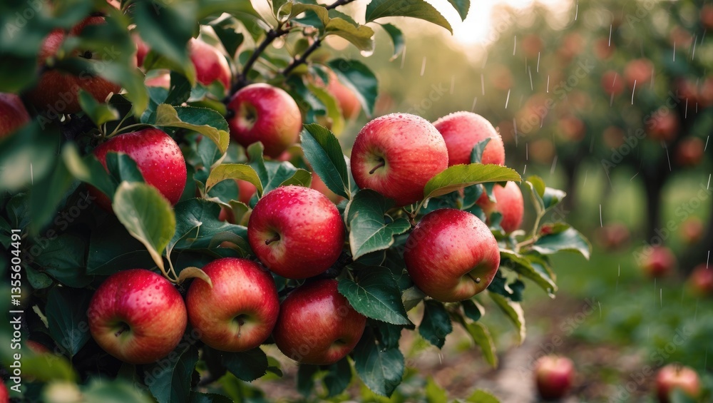 Poster autumn day in a rural garden featuring ripe red apples on a tree. rain is falling. horizontal image.