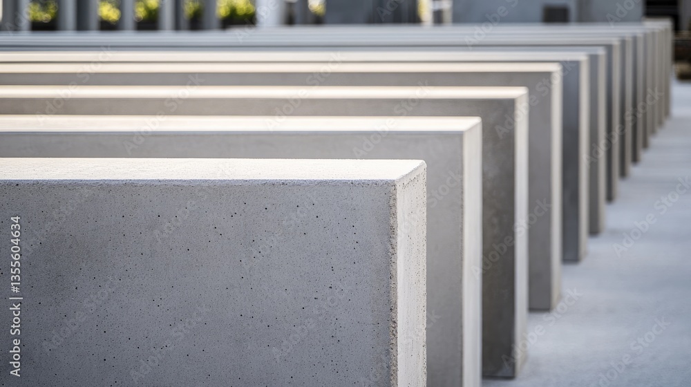 Poster precast concrete beams lined up in a factory yard, representing efficiency and strength in modern co
