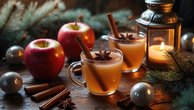 Cups of apple cider featuring cinnamon sticks and star anise.