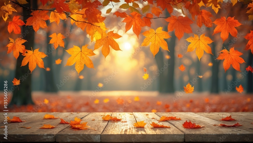 Aufkleber autumn maple leaves on a wooden surface. falling leaves create a natural backdrop. a sunny day highl