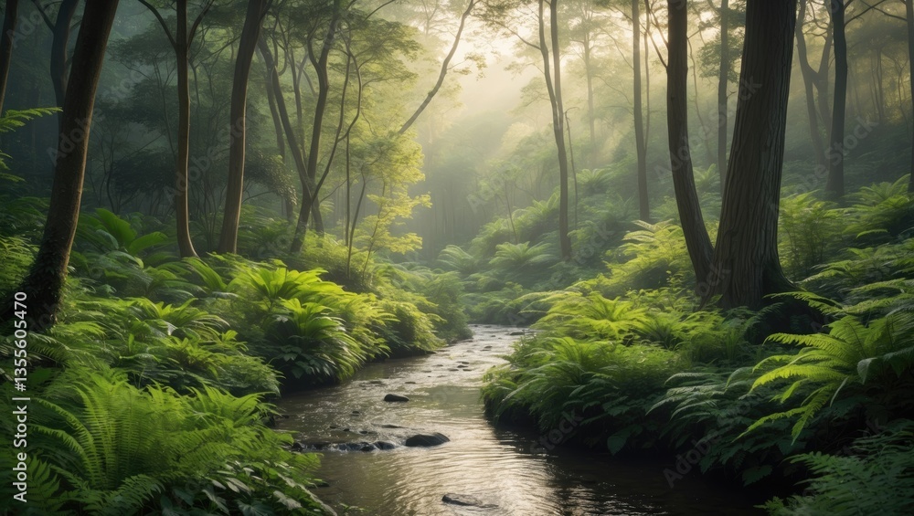 Poster a serene forest environment with soft light filtering through the trees, illuminating a peaceful str