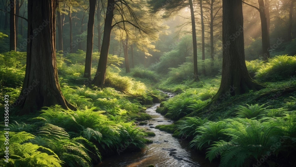 Aufkleber a serene forest environment with soft light filtering through the trees, illuminating a peaceful str