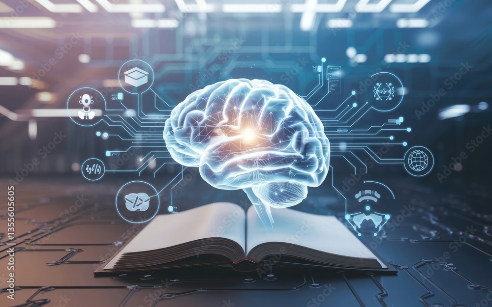 Poster knowledge connect: a striking illustration of a human brain illuminated above an open book and techn