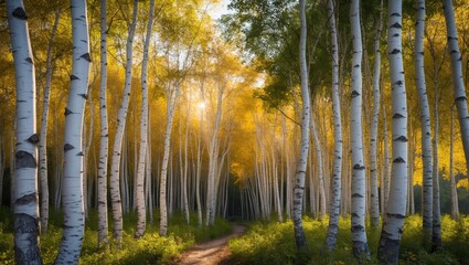 Obraz premium Birch trees illuminated by bright sunlight