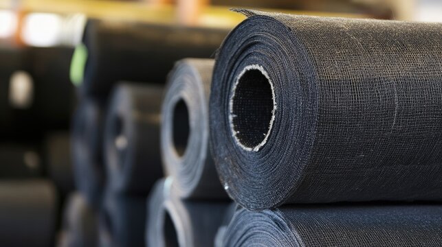Rolls of industrial-grade geotextile fabric stacked in a warehouse, used for erosion control and soil reinforcement.