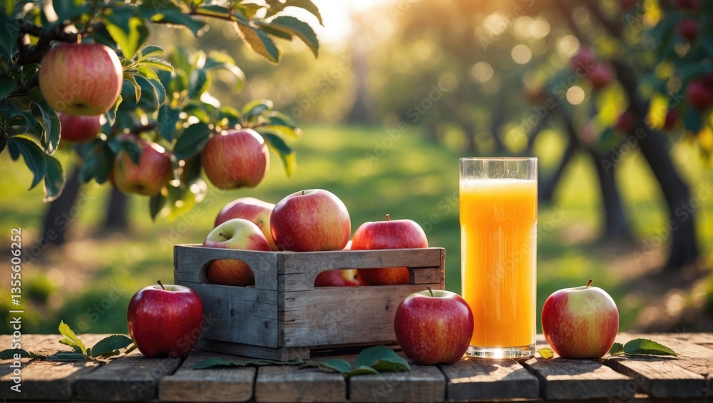 Aufkleber apple crate and glass of juice on wooden table with bright orchard background - autumn theme