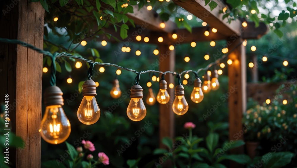 Poster a string of lights suspended from a structure. the lights are illuminated, creating a warm and welco
