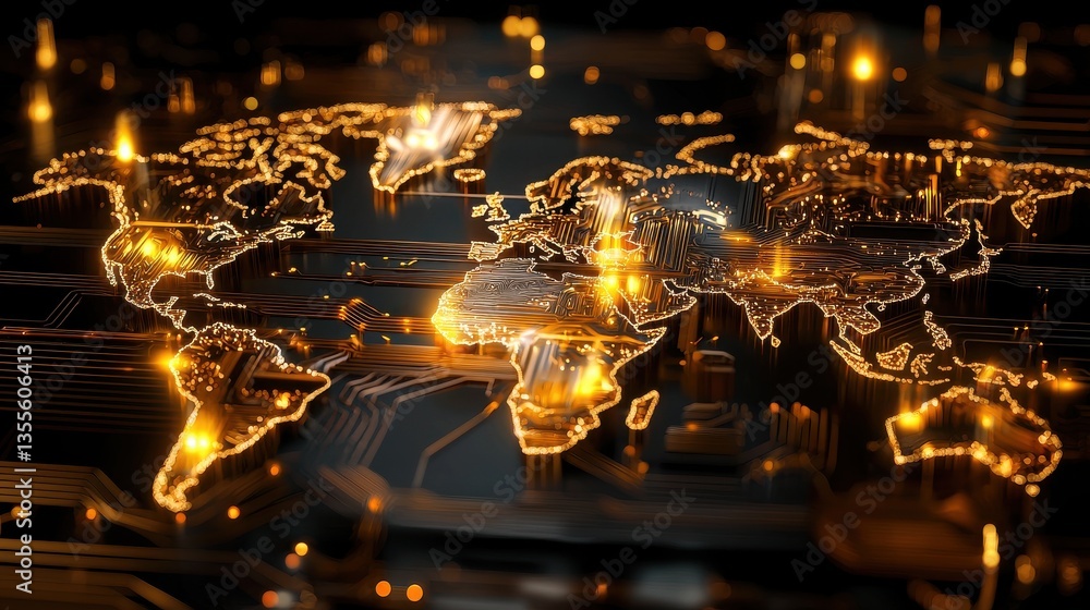 Poster captivating digital of a glowing world map showcasing the interconnectedness of countries and region