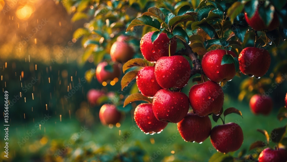 Poster autumn day. rural garden. the image features ripe red apples hanging on a tree. it is raining.