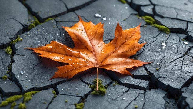 An image featuring a single vibrant maple leaf drenched with rain, resting on fractured wet pavement.