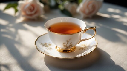 Black tea in a beautiful white porcelain cup with gold trim. Stunning sunlight. Tea ceremony.