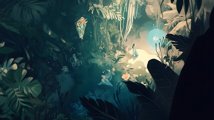 Obraz premium Lush jungle scene with a figure emerging into light amidst dense foliage and glowing orbs