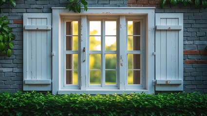Fototapeta premium American casement windows on the gray brick wall alongside a green hedge.