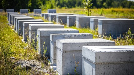 Fototapeta premium Rows of hollow concrete blocks arranged in an open field, emphasizing their role in structural walls and load-bearing designs.