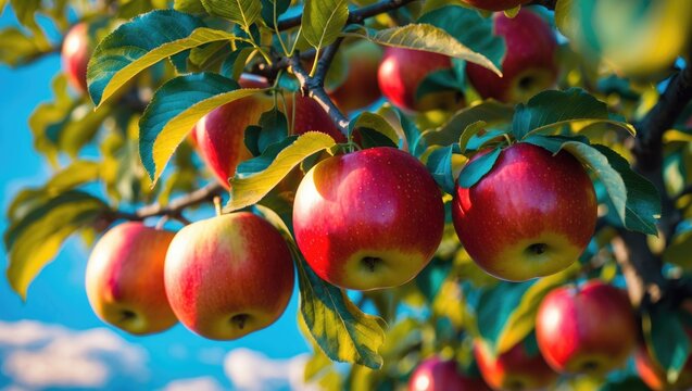 Big juicy red apples growing on tree in fruit orchard ready for harvest.
