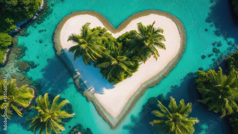 Poster an aerial view of an ocean island featuring palm trees shaped like a heart.