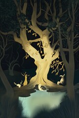 Magical forest scene with golden animals beneath a giant, glowing tree reflecting in water