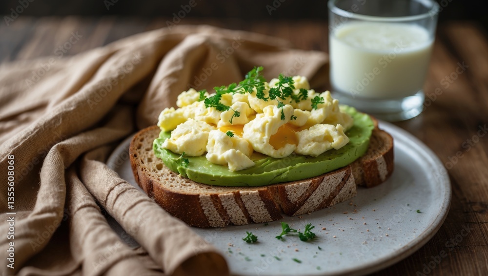 Poster Avocado toast topped with scrambled egg - smashed avocado and egg on whole grain bread for a nutritious breakfast.