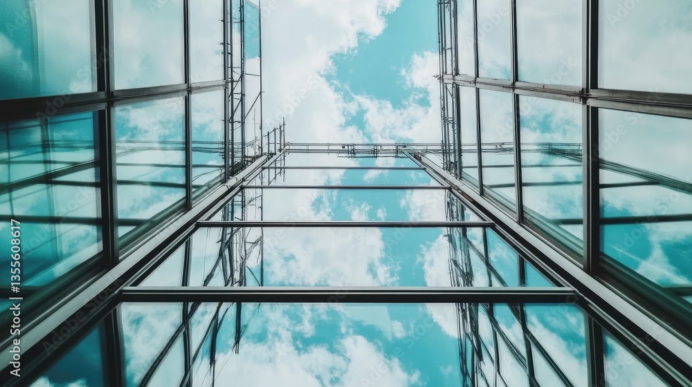 Poster scaffolding framing a large glass atrium being built for a modern office complex.