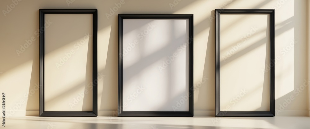 Poster artistic mockup design. black vertical picture frames illuminated by sunlight in the background. pos