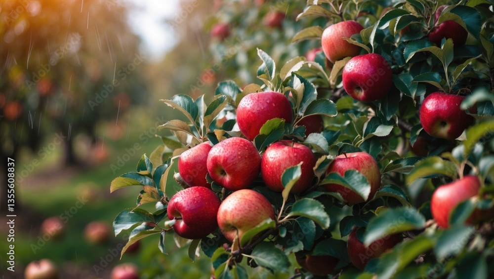 Aufkleber Autumn day in a rural garden featuring ripe red apples on a tree. Rain is falling. Image is in horizontal format and in color.