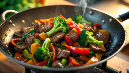 Wok stir fry with beef and vegetables in an Asian style