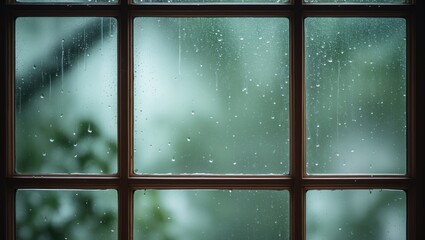 A rain-drenched window mirroring the outside, representing tranquility and the ambiance of a rainy day.