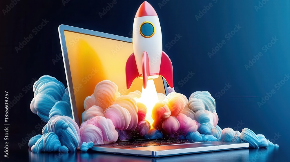 Poster impressive futuristic rocket launch from digital tablet in vibrant clouds symbolic image of innovati