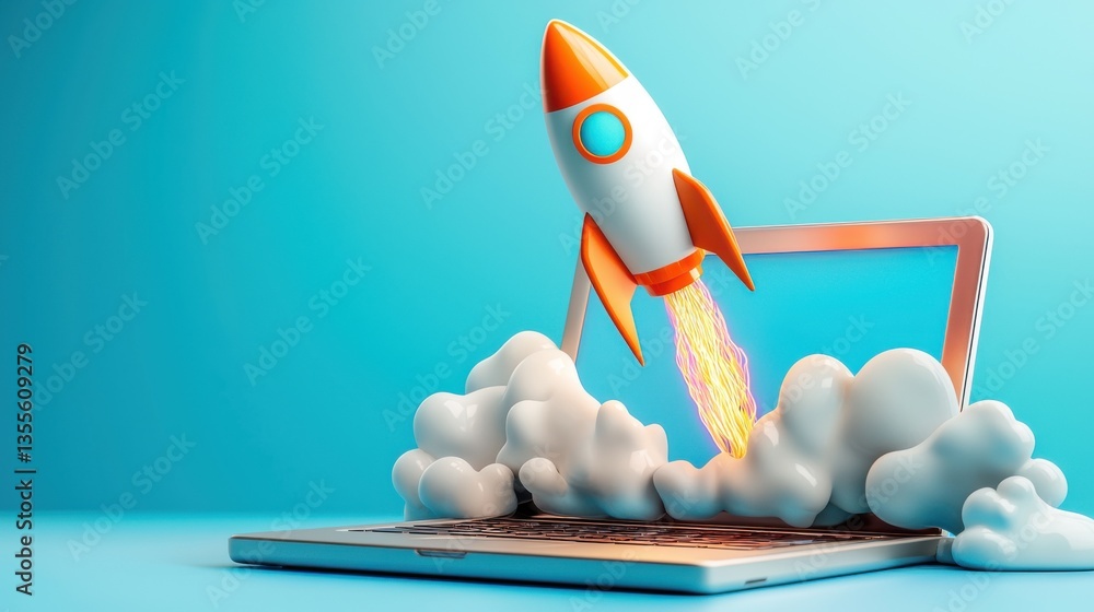 Poster rocket launching from laptop computer on blue sky background concept of innovation startup technolog