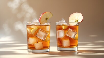 Apple iced tea served in glasses. Area for text.