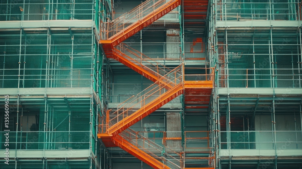 Poster scaffold stairs providing access to different levels of a large-scale construction project.