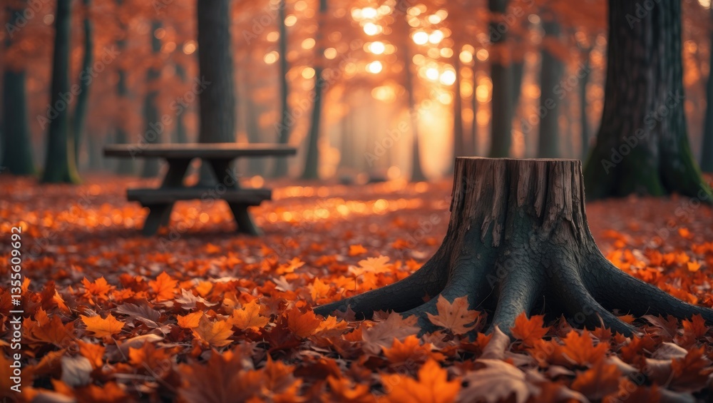 Poster Autumn leaves scattered on the ground with a wooden table and a forest trees backdrop. Space for product placement.