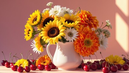 Beautiful sunflower arrangement in a vase on a beige backdrop illuminated by sunlight with shadows, a greeting card, Copy space