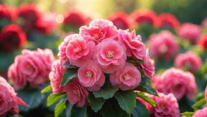 Beautiful red wax begonia flowers bloom on a sunny day. Pink and red flowers in the garden. Close-up with selective focus.