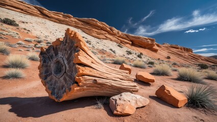 A petrified tree log that has fractured over time, situated on a mesa near Point at the southern end of the Park.