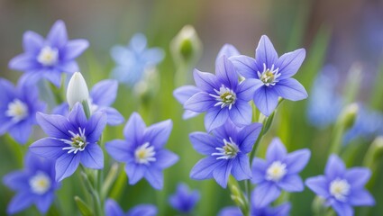 Blue scylla flowers in early spring with a slightly blurred background. High-quality image.
