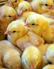 A close-up photograph of newly hatched chicks, their tiny, delicate bodies covered in soft, downy feathers. 