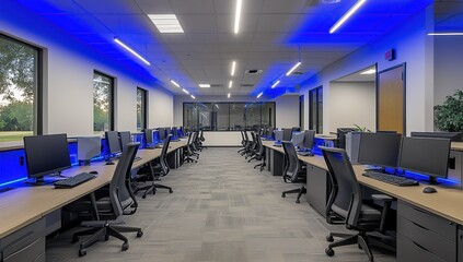 Modern Office Workspace with Blue Linear Lighting